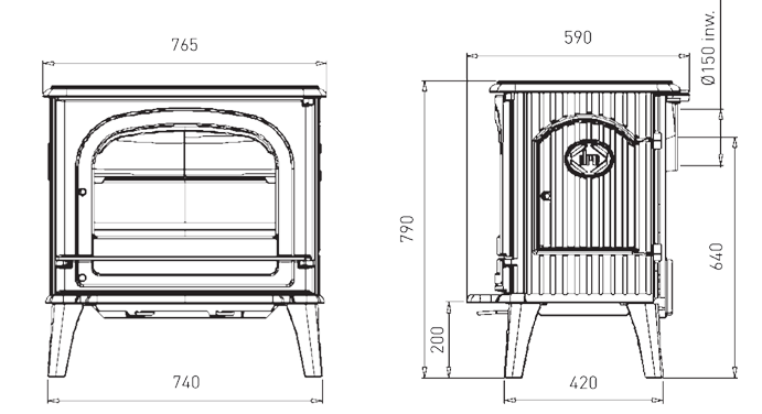 מידות הקמין גדלים ומפרט טכני של קמין עץ - DRU 78-CB
